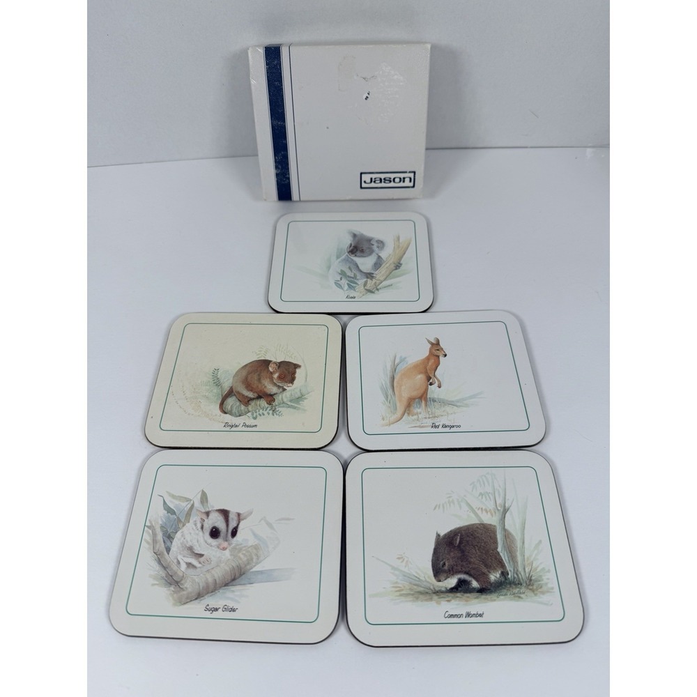 VTG Australian Animal Themed Cork Backed Coasters Set of 5 Kangaroo Possum